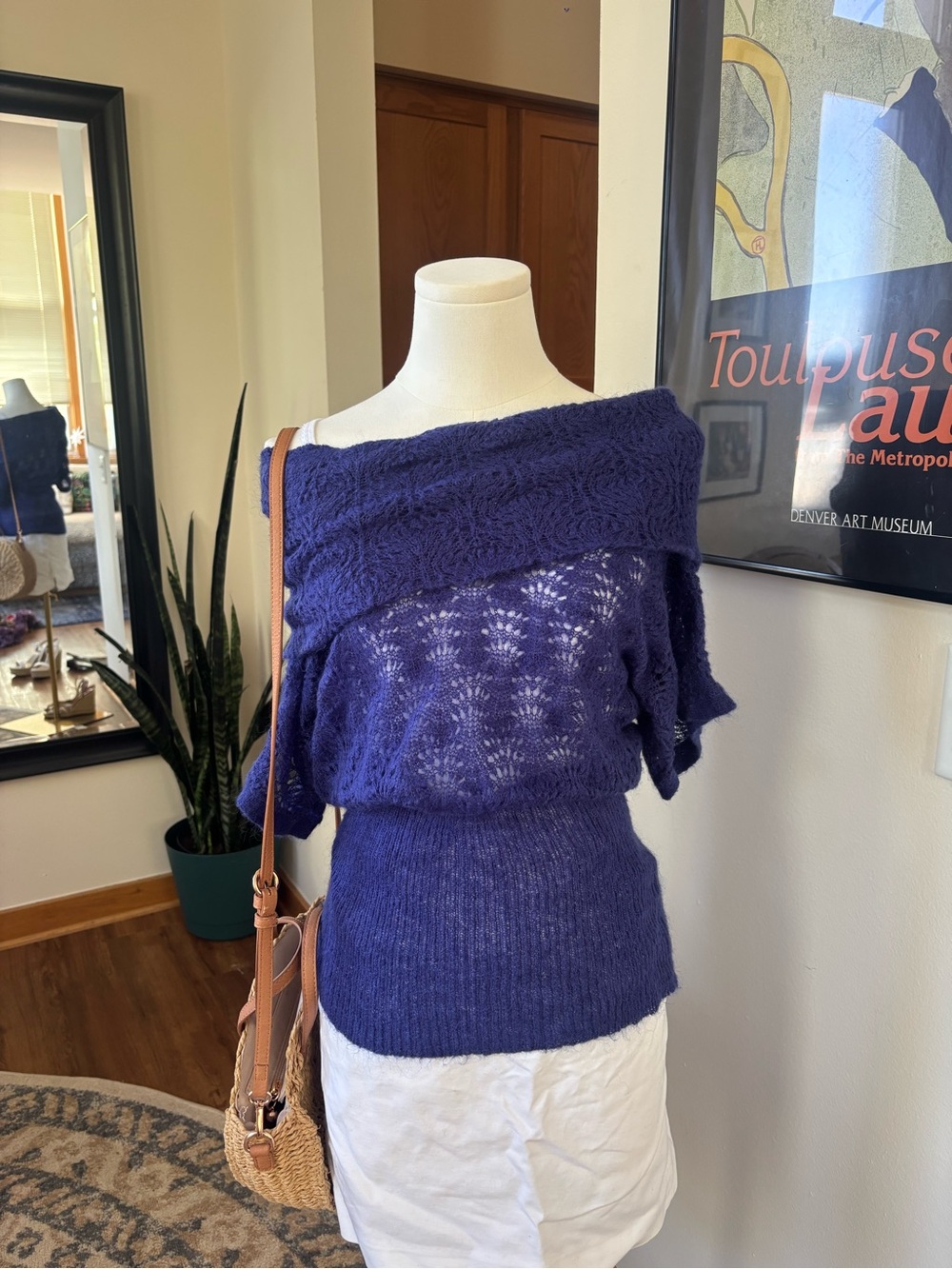 Royal Purple Fuzzy Open Knit Off Shoulder Sweater Boho Indie Sleaze Top